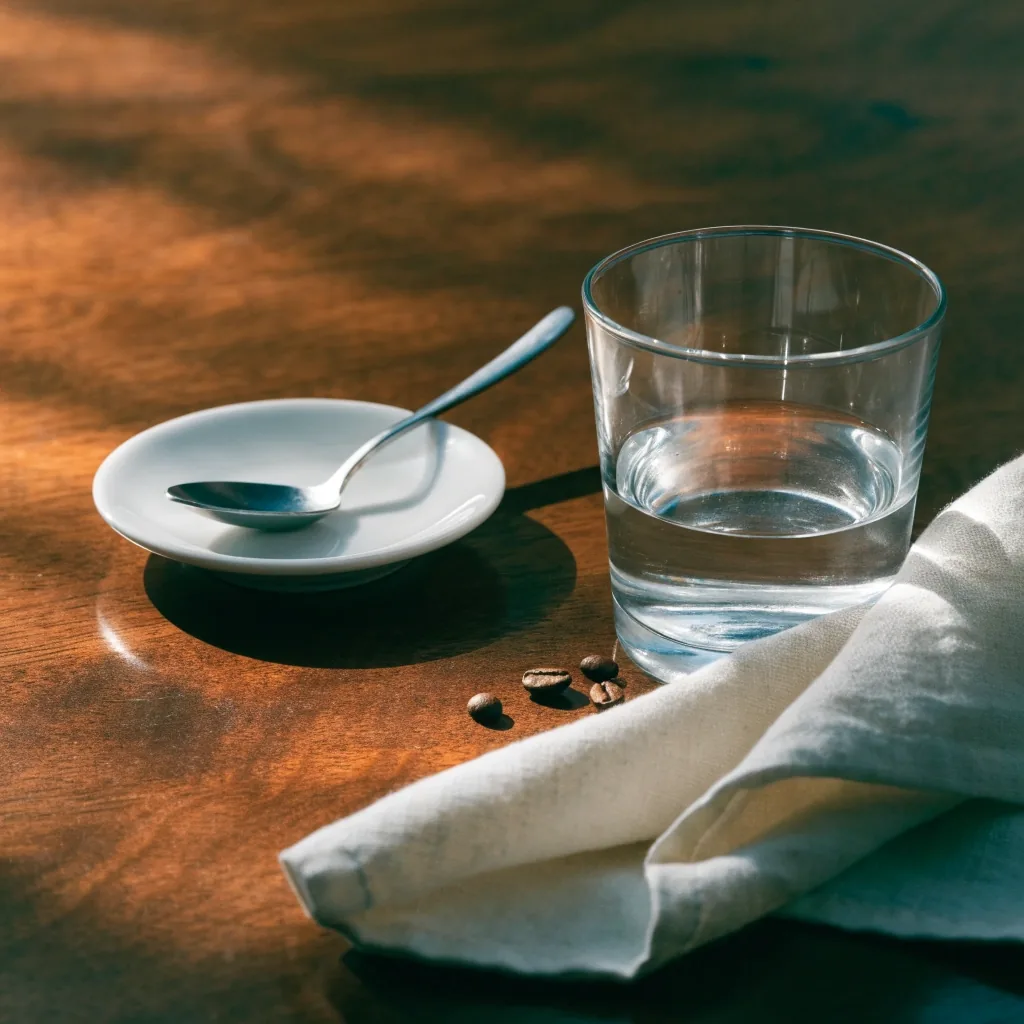 Filiżanka espresso na spodku obok złożonej serwetki na ciemnym stoliku