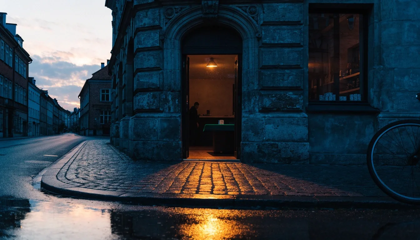 Wejście do kawiarni i sali gry Maison Rivelles przy ul. Lubicz 4 w Krakowie, widziane z ulicy o poranku