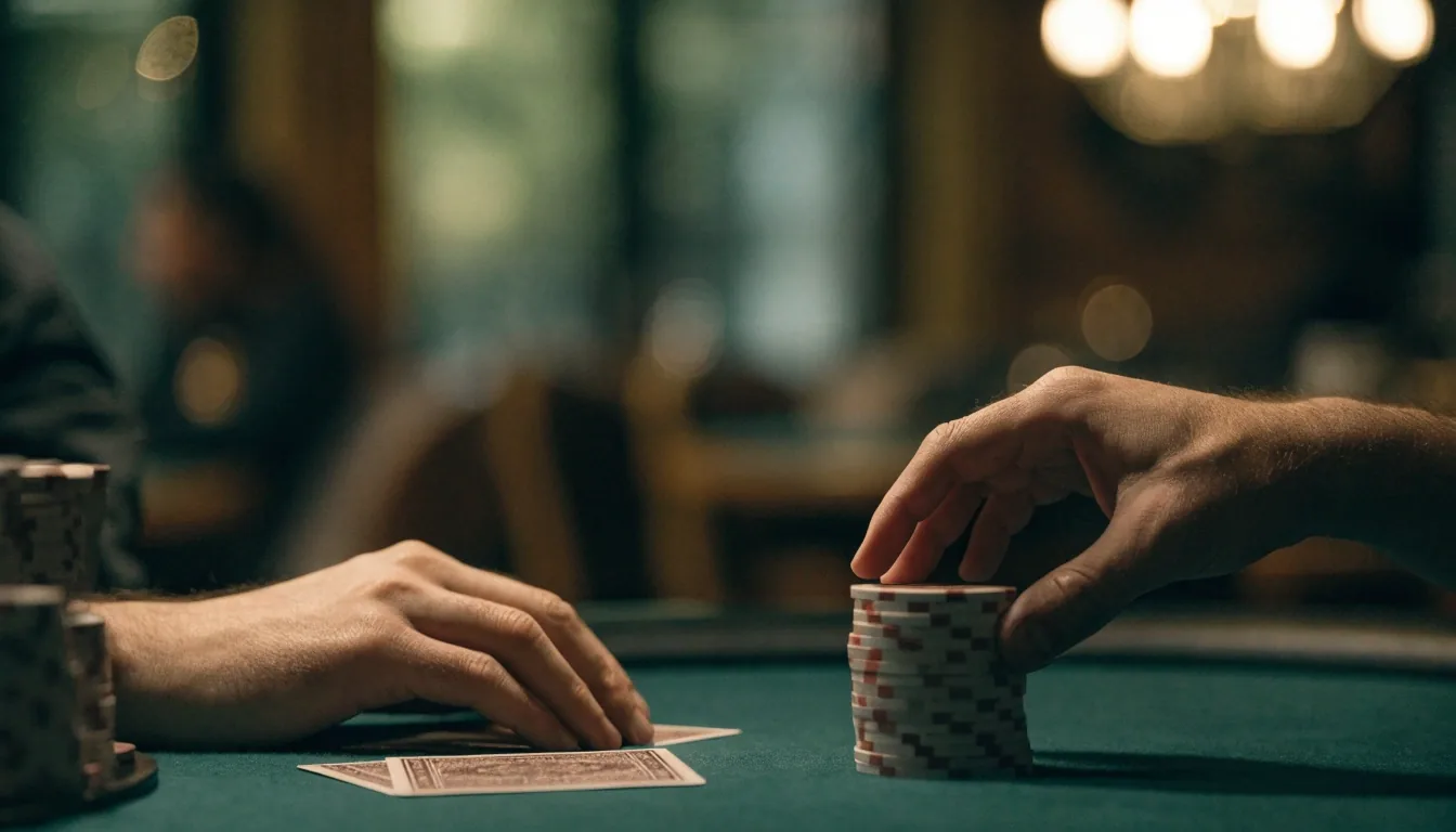 Stół pokerowy z góry, rozdane karty i żetony w Maison Rivelles