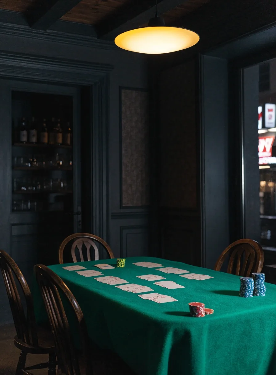 Stos żetonów na suknie stołu w sali pokerowej Maison Rivelles